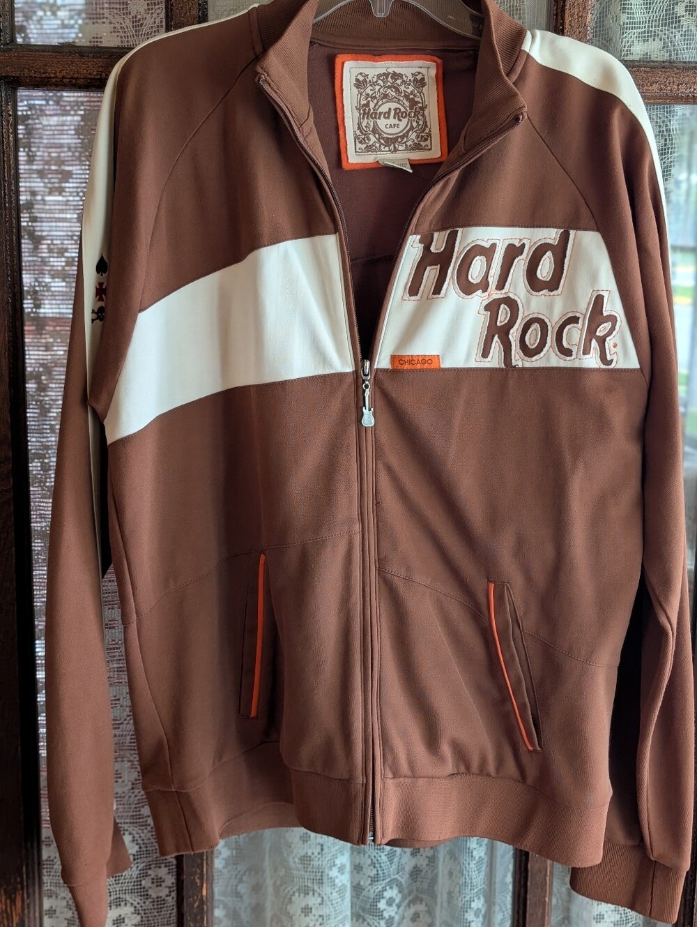 Hard Rock Cafe Men's Brown and White Track Jacket